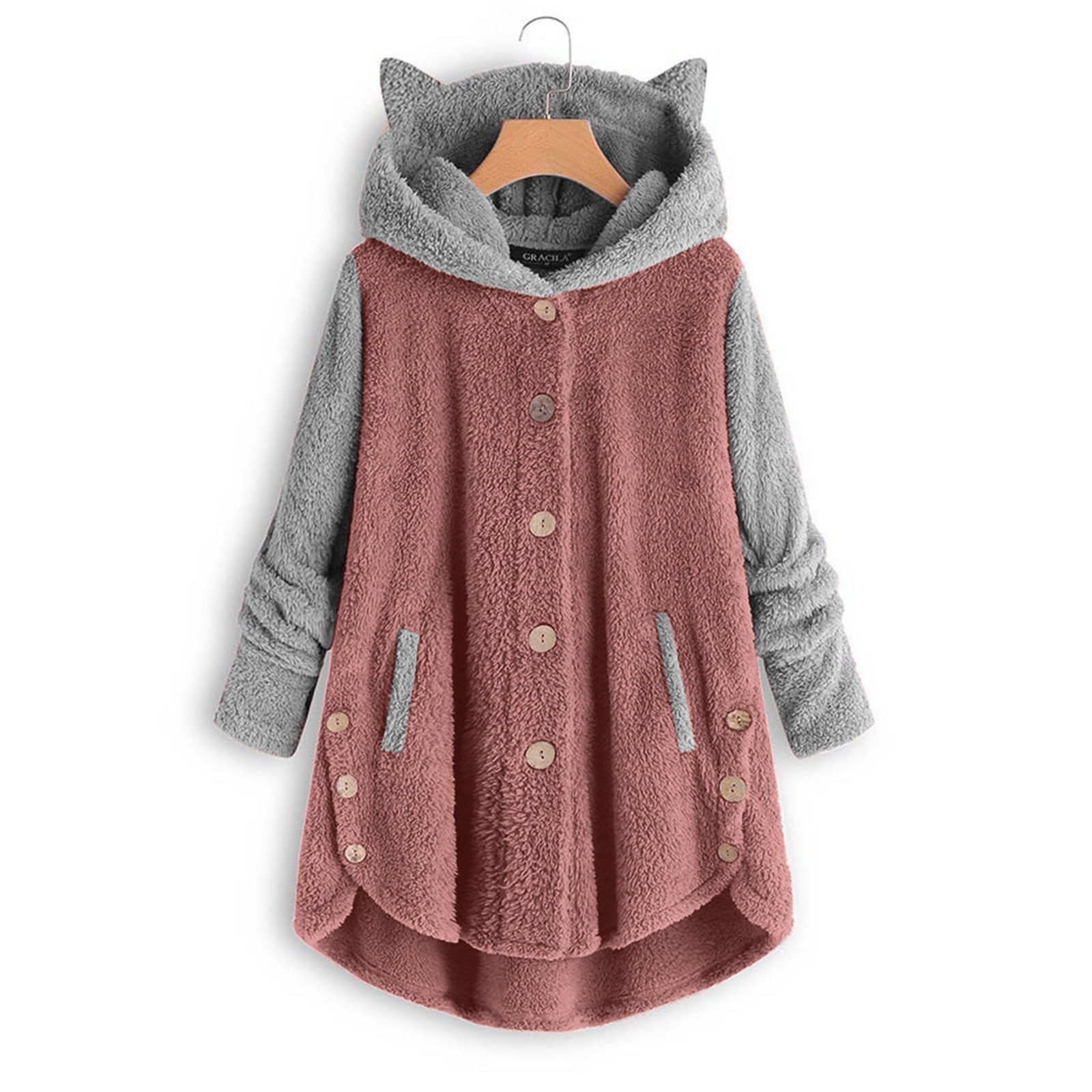 Women's Clothing autumn and winter button hooded cat ear plush top irregular brand color matching jacket for women_voghion.com