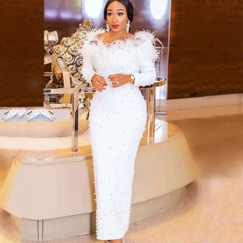 Vêtements pour femmes robe bandage pour femmes une épaule plumes perles mode jupe longue mince_voghion.com