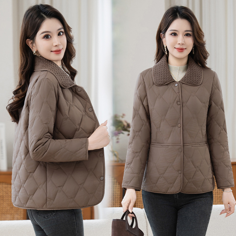 Solid Color Lapel Middle-Aged Cotton Coat down Jacket for Women Autumn and Winter Lightweight Short Commuter Jacket for Mothers