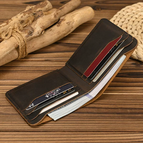 Men's Genuine Leather Short Wallet Simple Crazy Horse Leather Casual Card Holder Vintage Top Layer Cowhide Card Holder Wallet
