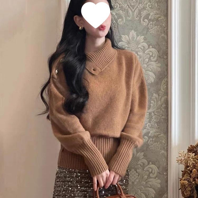 美拉德复古慵懒风高领毛衣女秋冬设计感时髦收腰显瘦针织衫潮