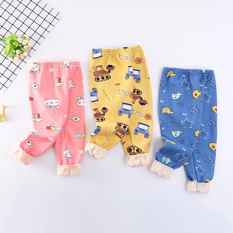 Autumn and winter children's fleece-lined thermal pants, thickened cotton pants for boys, fleece-lined pants for toddlers, girls' bottoming pants, cartoon pajama pants.