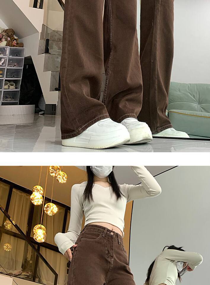 Quần jean ống rộng nữ cạp cao màu nâu phong cách đường phố, dáng suông dài — [Chính hãng] Màu nâu (dành riêng cho người nhỏ), [Chính hãng] Màu nâu (quần thường) chi tiết 6
