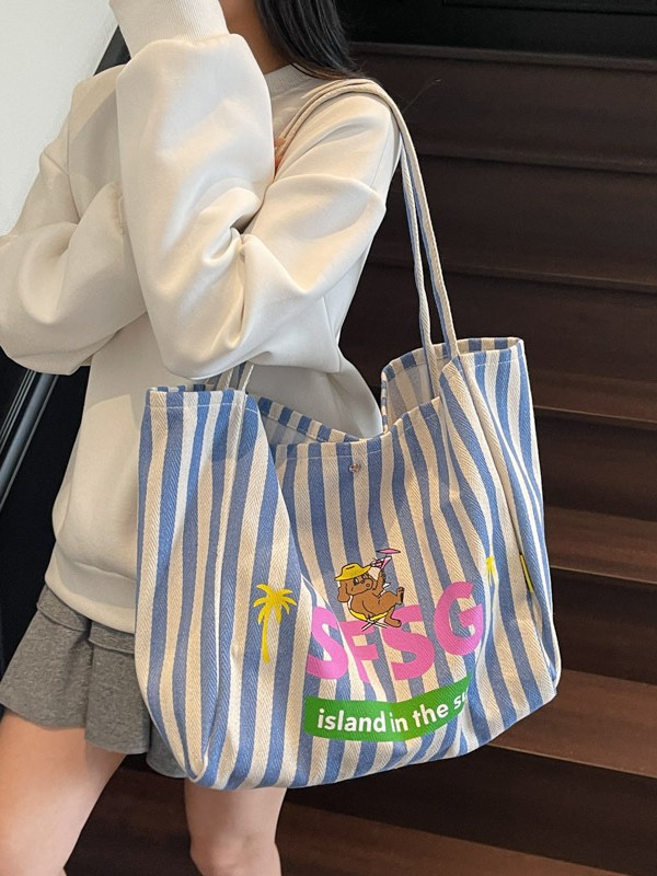 Versión coreana de Dongdaemun a rayas de dibujos animados estampado Mommy Tote lona bag 2025 nuevo estilo perezoso bolso de hombro mujer