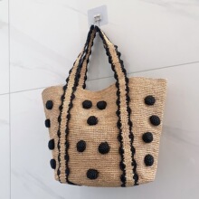 新款海边沙滩度假托特包拉菲草手工编织草包黑色波点小清新单肩包