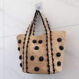 新款海边沙滩度假托特包拉菲草手工编织草包黑色波点小清新单肩包