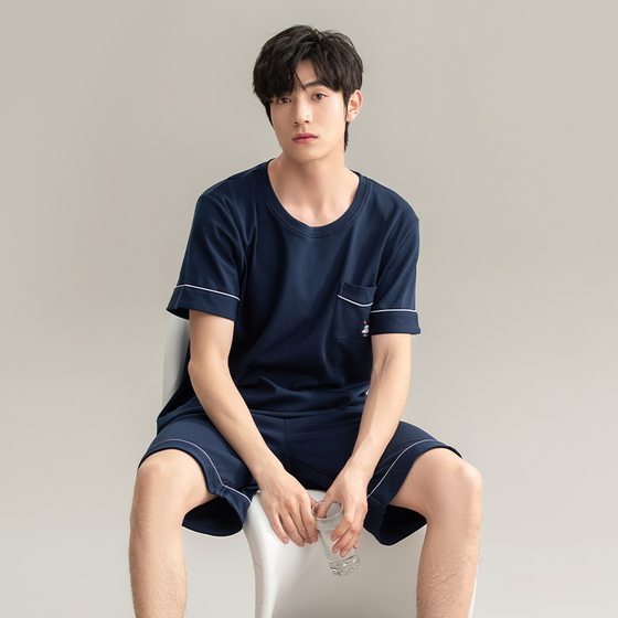Class a Pure Cotton Antibacterial Pajamas for Men Summer New Short-Sleeved Shorts Pullover Can Be Worn Outside Men's Cotton Home Clothes