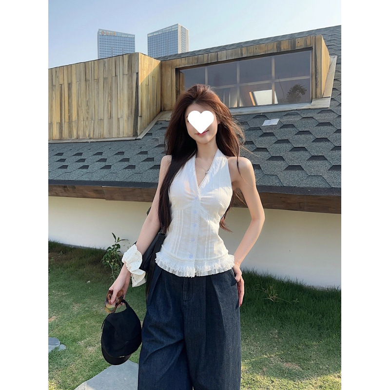 法式蕾丝挂脖吊带背心女夏季气质开衫外穿绝美显瘦鱼骨无袖上衣女|undefined
