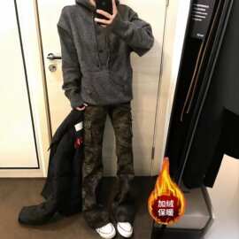 跨境美式复古迷彩微喇工装裤男vibe青年cleanfit修身牛仔加绒裤子