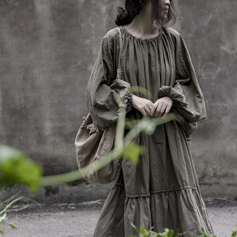 Shanqiannianyi autumn Lantern sleeve loose slimming color matching robe cotton and linen artistic drawstring collar dress Shanqiannianyi autumn Lantern sleeve loose slimming color matching robe cotton and linen artistic drawstring collar dress