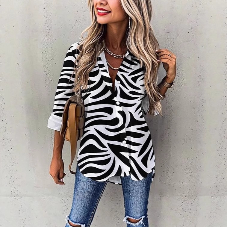 2025秋冬跨境新款斑马纹翻领衬衫女式复古宽松七分袖时尚印花上衣