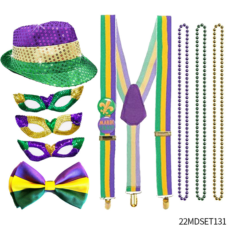 Accesorios para el Cabello de Carnaval de Mardi Gras, Máscara Tricolor, Corbata de Moño, Cadena de Cuentas Electrochapadas, Conjunto para Fiesta de Carnaval