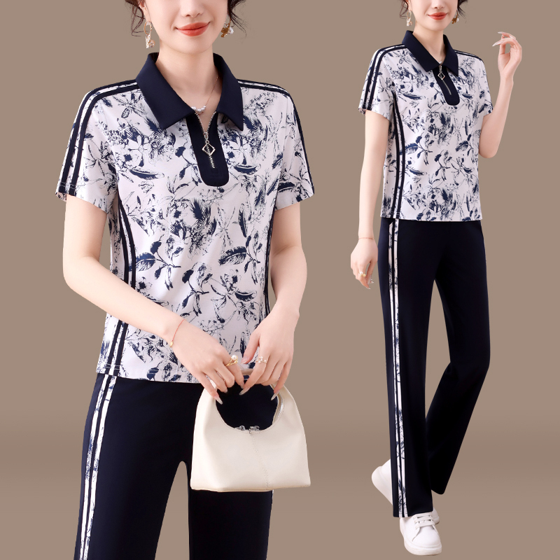 2026 New Style Lapel Sportswear Suit for Women, Summer Pure Cotton Short-Sleeved Fashionable Casual Running Two-Piece Set for Moms