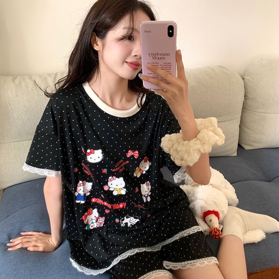 Pijamas de encaje para mujer, traje de manga corta de lunares delgados de verano, sensación de alta calidad, servicio a domicilio al por mayor transfronterizo, se puede usar afuera