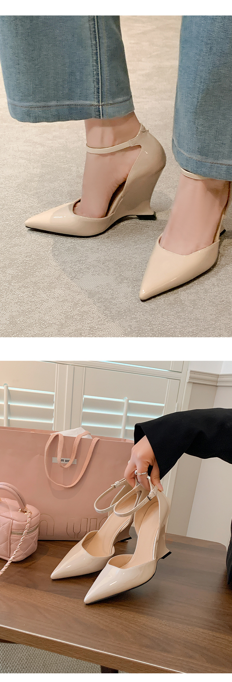 Giày sandal cao gót nữ mũi nhọn quai ngang chất liệu da bò sơn cao cấp, gót xuồng 9 cm — màu đen, màu trắng, màu mơ, màu đỏ chi tiết 24