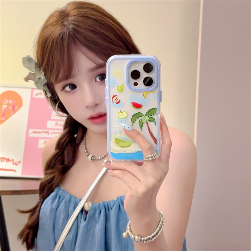 Pintura al óleo de verano coco junto al mar para Apple 16ProMax dos en uno iphone15 funda para teléfono móvil 14 nuevo 13