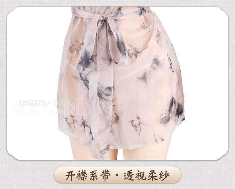 Butterfly Print Sheer Chiffon Kimono Robe Set with Belt and Thong — detail image 21