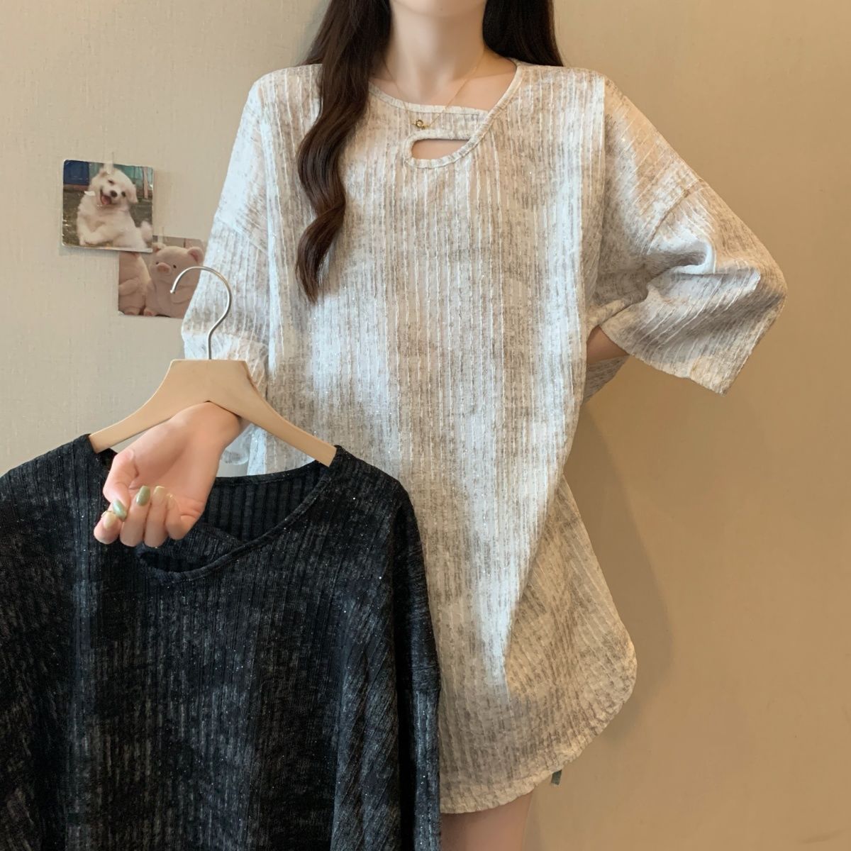 Camiseta de manga corta con teñido anudado irregular de gran tamaño mm gordo para mujer, verano nuevo estilo suelto y delgado, top de longitud media para mujer