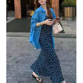 韩系碎花吊带连衣裙两件套女2026夏季时尚减龄气质蓝色衬衫套装裙
