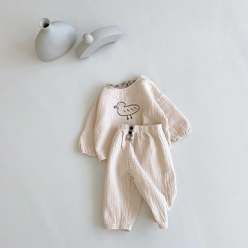 Baby cute cartoon duck suit linen cotton top pants Korean children's clothing baby casual plaid two-piece set
