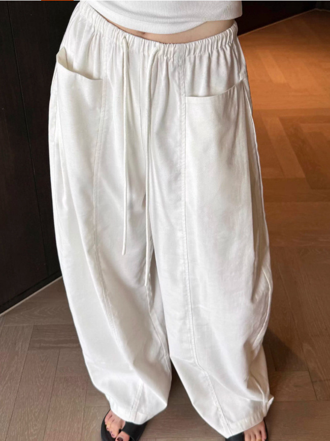 Quần culottes nữ ống rộng cạp thun dây rút vải linen mùa hè — màu đen, màu trắng ngà