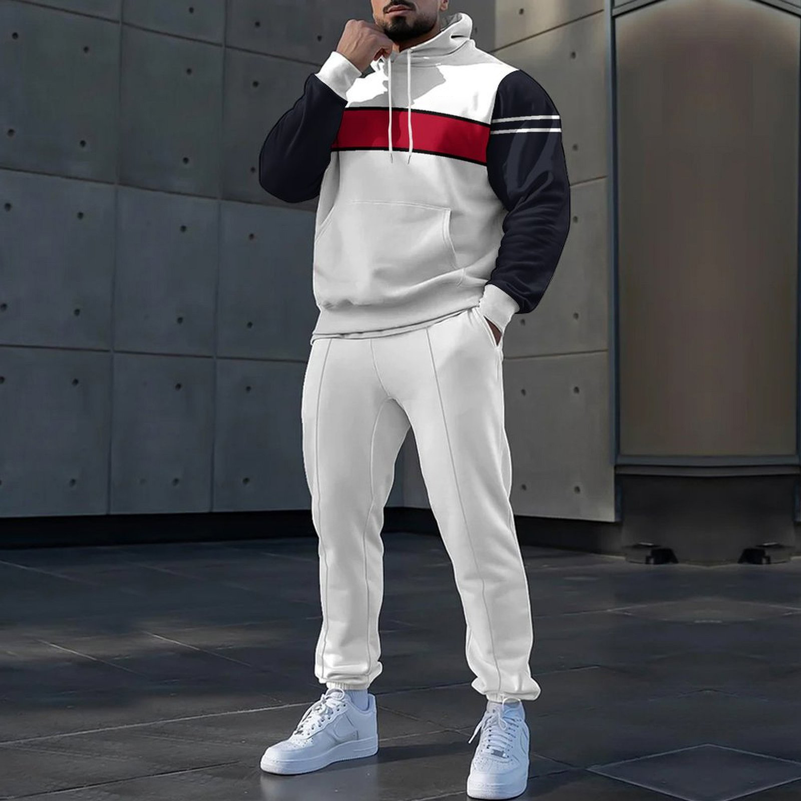 Pantalones de suéter con capucha de estilo personalizado de dos piezas con estampado digital a rayas clásico MC11-ML1