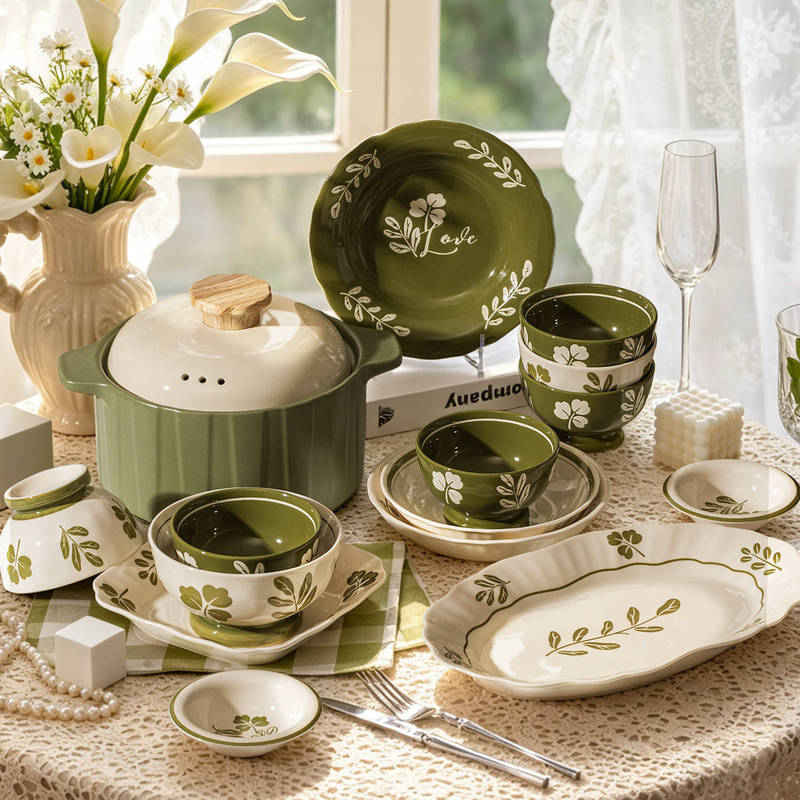 Underglaze Colored Ceramic Tableware, Beautiful New Green Bowls and Plates, Household Tableware, Rice Bowls, Rice Plates, and Dish Sets, Housewarming Gift