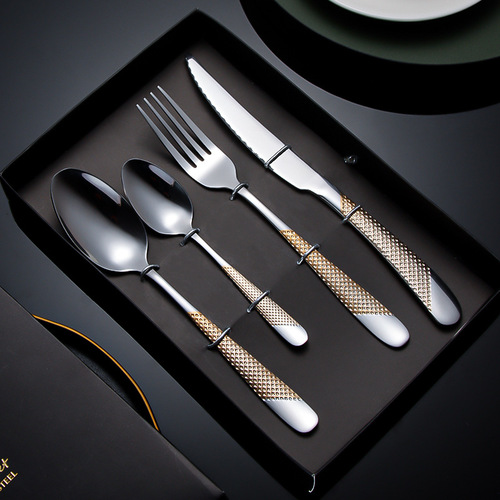 Cross-border stainless steel tableware set, star diamond steak knife, dessert fork and spoon, gold-plated handle gift box, four main parts for Western food