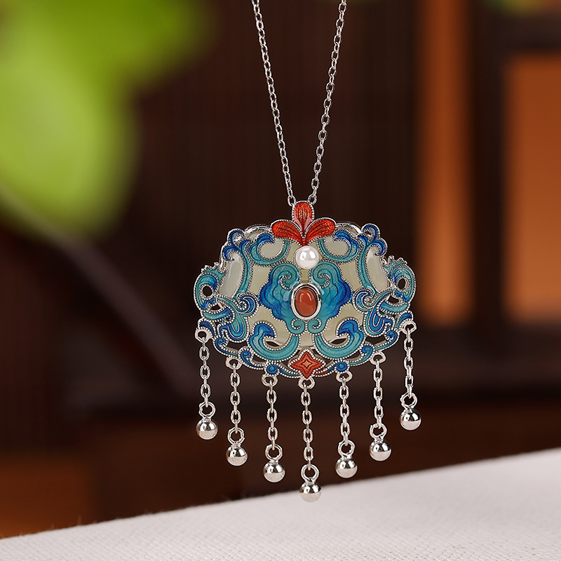 Mặt dây chuyền bạc S925 mạ vàng hình hươu bạc, ngọc bích Hòa Điền, tua rua, mây Ruyi may mắn — Phiên bản mạ bạch kim (không có chuỗi)