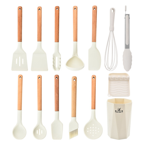 New style wooden handle silicone kitchen utensils 13-piece set for household cooking shovel soup spoon kitchen utensils household silicone kitchen utensils set