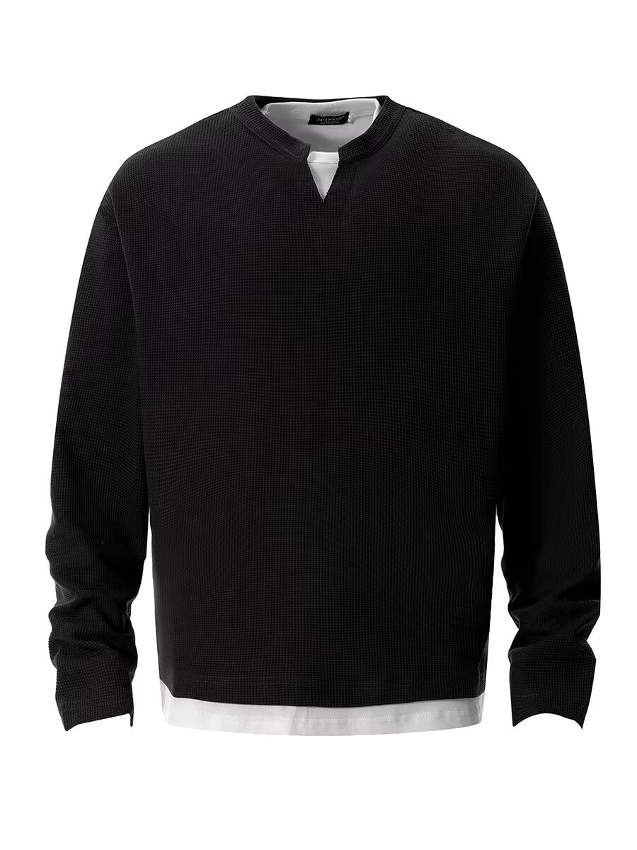 Men's Waffle Knit Henley Long Sleeve T-shirt Casual Pullover_voghion.com