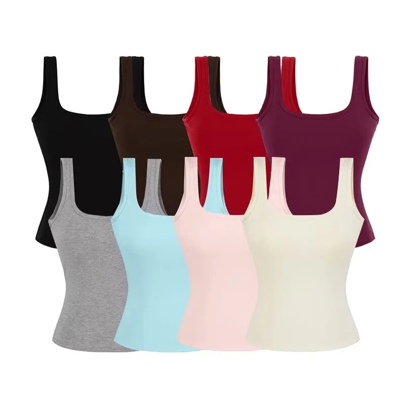 Hot Girl Square-Neck Camisole for Women, Summer Sleeveless Outerwear with Built-In Chest Pads, Versatile Base Shirt Top