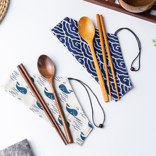 户外旅行便携木质筷子勺子叉子套装创意日韩文艺风布袋和风木餐具