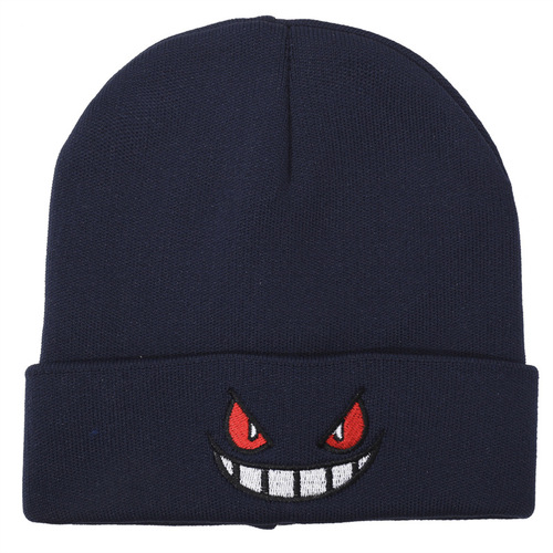 Euro-American Cartoon Big-Mouth Red-Eye Embroidered Knitted Beanie, Warm-Keeping Pullover Hat for Autumn and Winter, Woolen Knit Cap