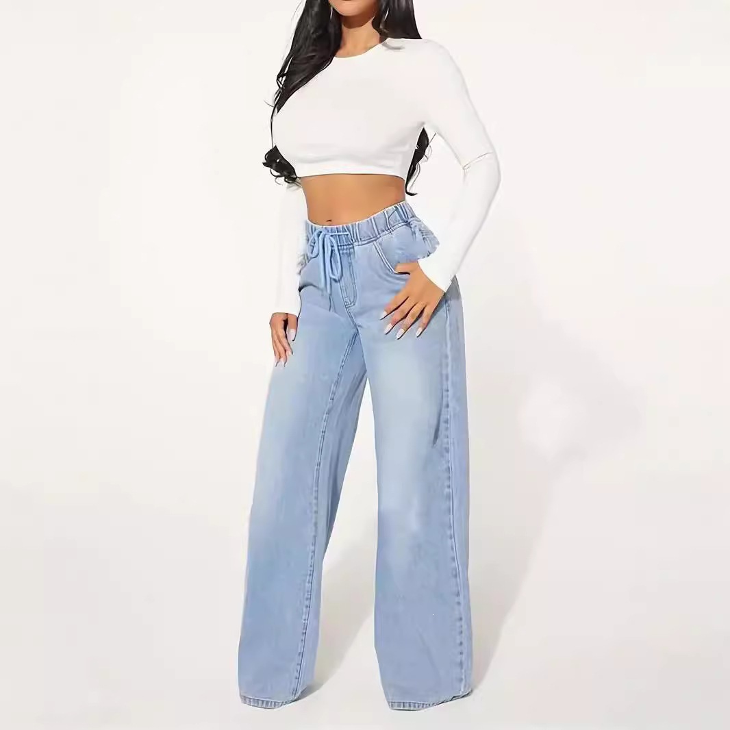 2026 Hot-Selling Cross-Border European and American Foreign Trade High-Waisted Fashionable Drawstring Loose Wide-Leg Light Blue Jeans Women's Clothing