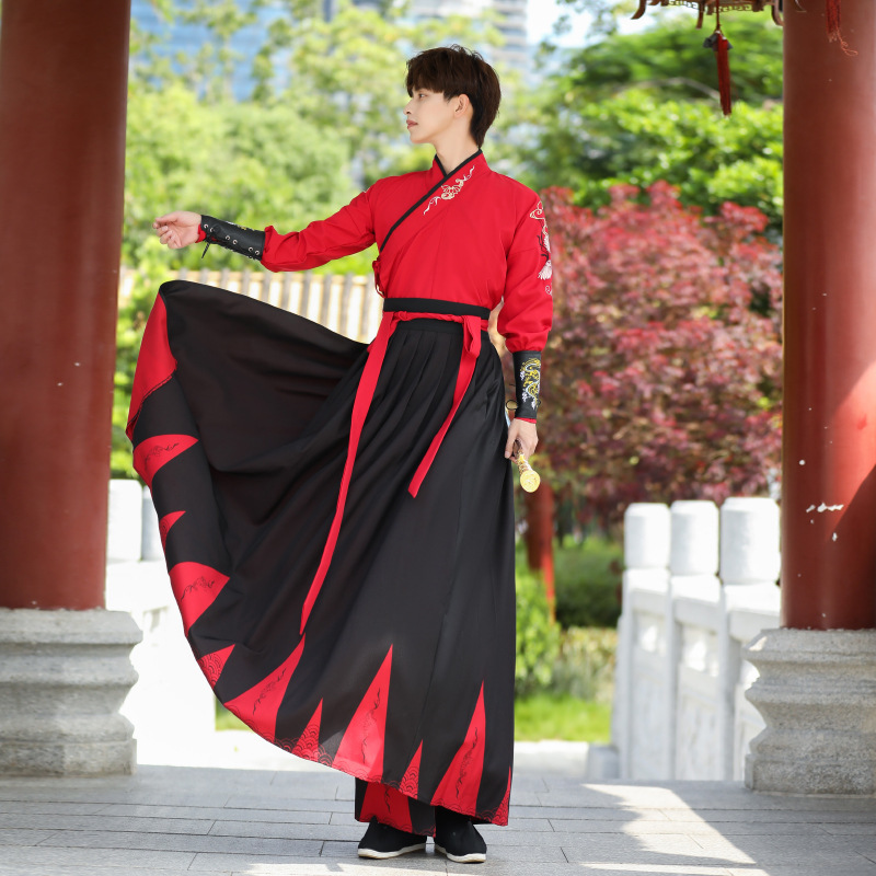 Fall/Winter plus size Men's Men's Red Long-sleeved Gradient Hanfu Ancient Swordsman Two-piece Chinese Element Performance Class Clothes