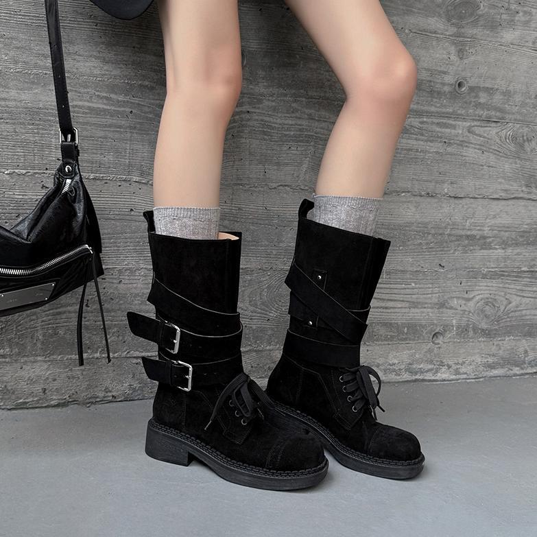 Boot cao bồi cổ trung bình da bò lộn phong cách retro, gót thấp khóa thắt lưng — đen, màu nâu sẫm, kaki