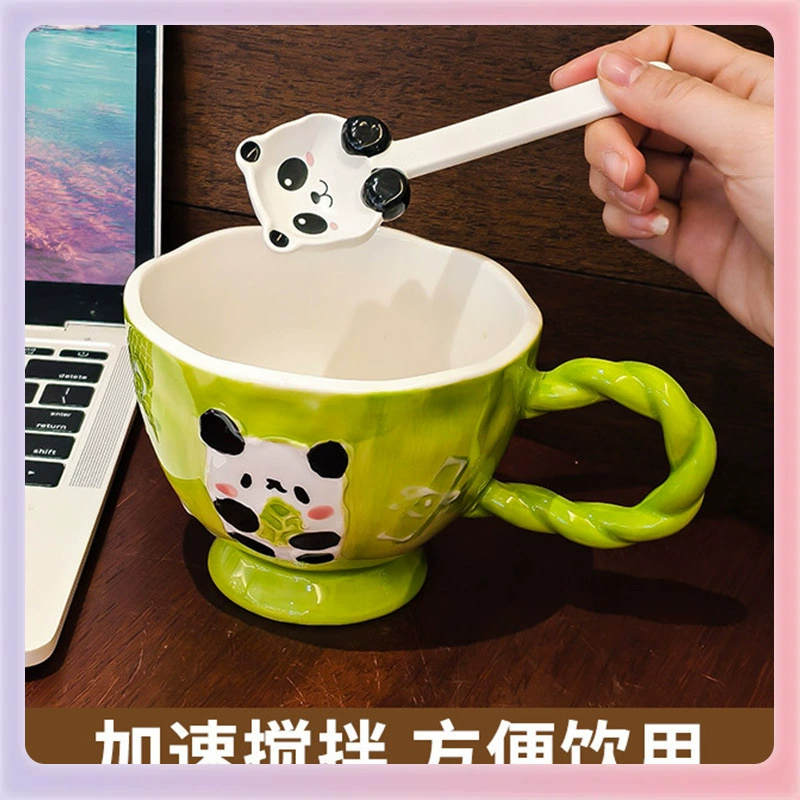 Hand-drawn relief ceramic cup, 400 ml, cute breakfast mug with spoon option