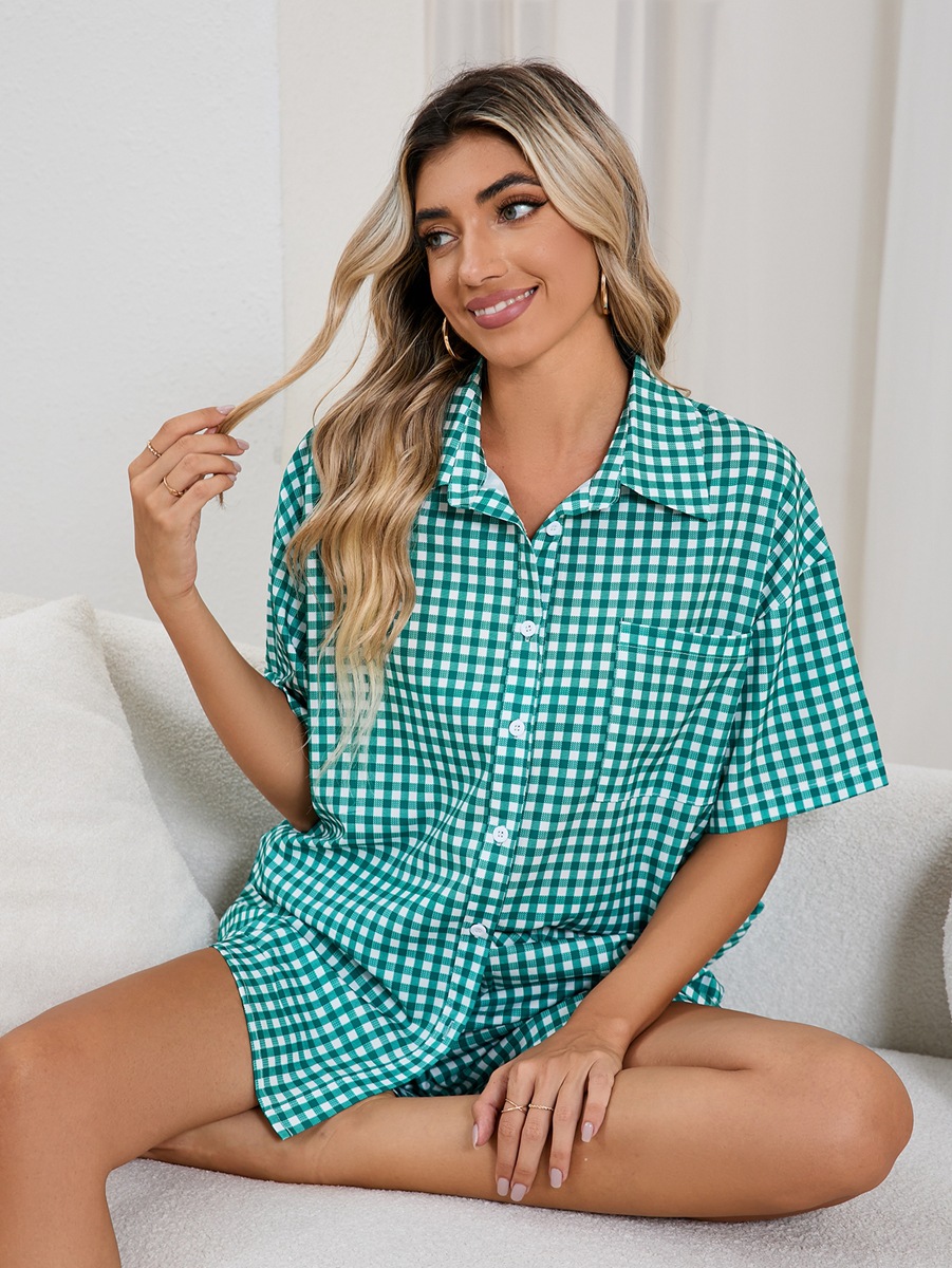 Women Casual Comfortable High Waist Loose Wide Legs Retro Plaid Shorts Checked Shirt Women