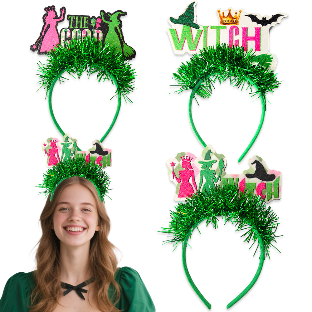 Rosa verde mágica mal bruja banda de pelo corona sombrero colorido botón de cabeza de tiras temática retorcida decoración de la fiesta letras cabeza
