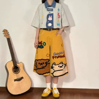 复古卡通印花黄色牛仔七分裤女夏宽松bf美式街头个性设计阔腿短裤
