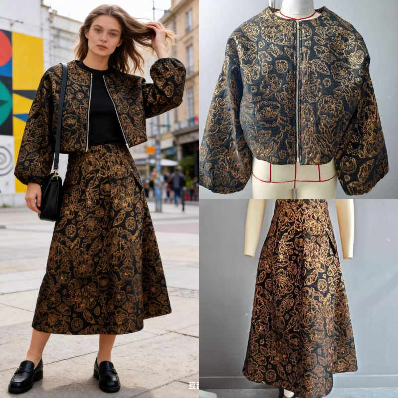 Z Brand Cross-Border Women's Clothing 2026 Spring Set: Gold Jacquard Jacket + Waist-Cinching Skirt