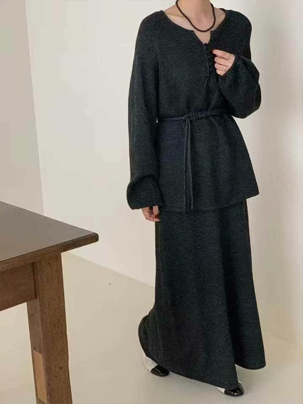 时尚休闲针织套装女2025秋冬新款收腰系带圆领上衣+半身裙两件套|undefined
