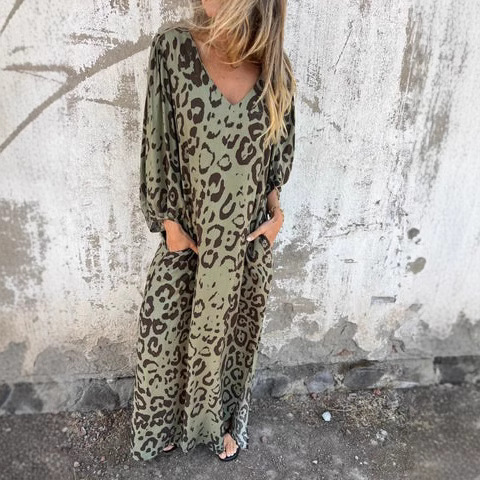 Euramerican Cross-border Women's Summer Dress Spring and Summer New Arrival V-neck Fashion Vacation Leopard Print Dress