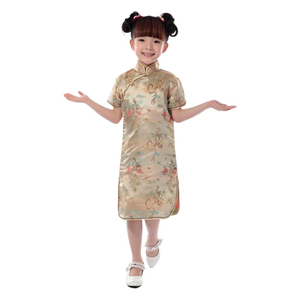 Ethnic Style Summer Dress for Girls, Tang Suit Cheongsam Dress, Kidsren's Performance Dress, Dragon and Phoenix Cheongsam, Red