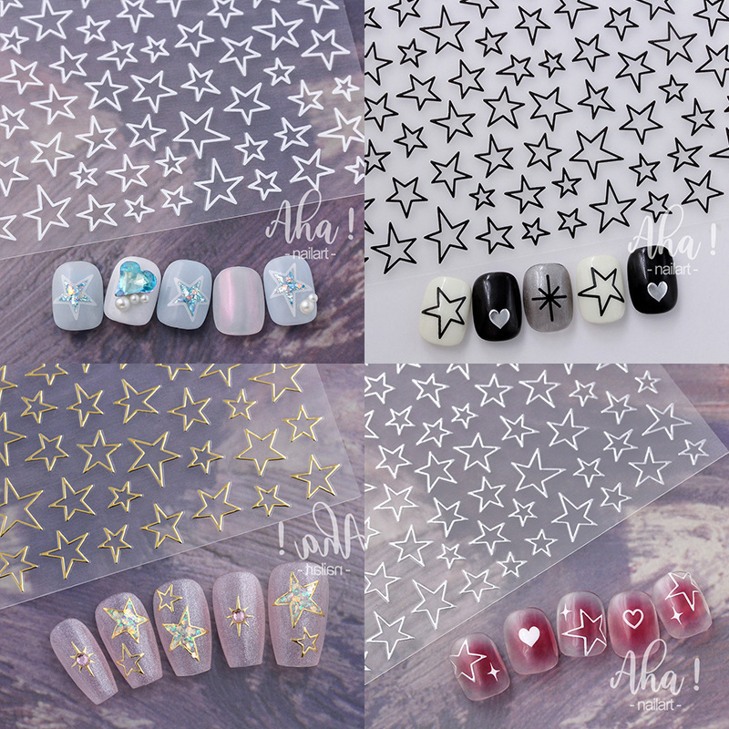 Hollow Star Nail Stickers, Popular Online Items, Gold and Silver Laser Five-Pointed Stars, Black and White Irregular Star Nail Stickers