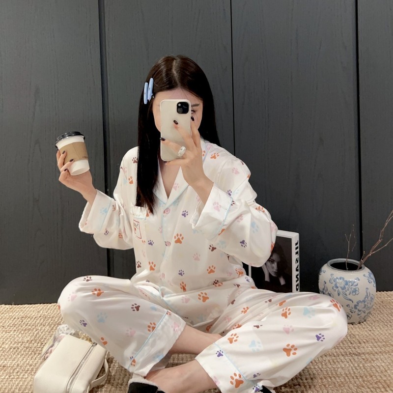 Yase【彩色狗爪】韩系可爱狗爪印花睡衣新款夏季薄款长袖长裤套装|undefined