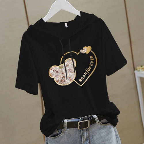 Women's Hooded Sweatshirt 2025 Short Sleeve Summer Top Ins Super Hot Sweatshirt Loose White T-Shirt Trendy