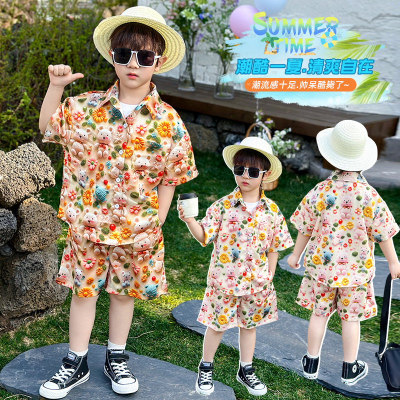 7122 Traje de chaleco para niños Camisa hawaiana de manga corta para niños Ropa de verano para bebés guapos Traje de tres piezas de verano