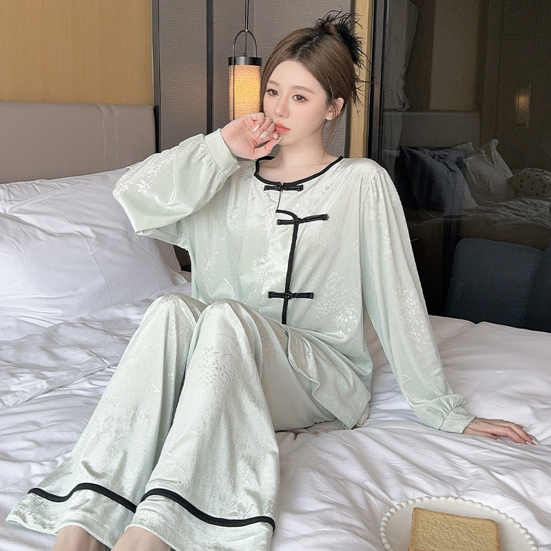 New Chinese Style National Style Gold Velvet Pajamas for Women Winter Large Size Long-Sleeved Embossed High-End Warm Home Wear Set